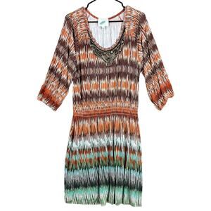 Nurture Womens Dress Brown Green Ombre Boho Tunic Shift Beaded Neckline Large